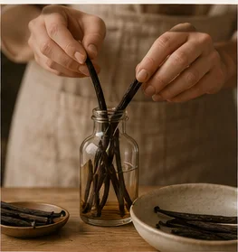 Placing split vanilla pods into the glass bottle