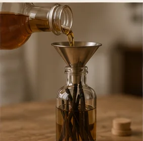 Pouring spirit through the steel funnel into the bottle