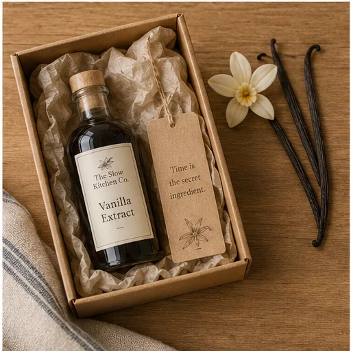 Vanilla extract bottle nestled in kraft paper inside the kit box with a tag reading time is the secret ingredient