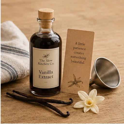 Finished bottle of dark vanilla extract beside vanilla pods, a steel funnel and a card reading a little patience creates something beautiful
