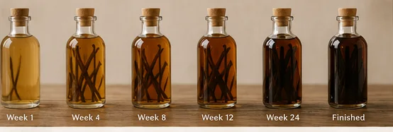Six bottles of vanilla extract darkening from pale at week one to deep brown when finished