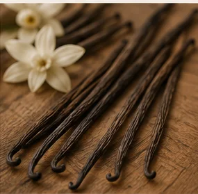 Fresh grade-A vanilla pods with a vanilla flower