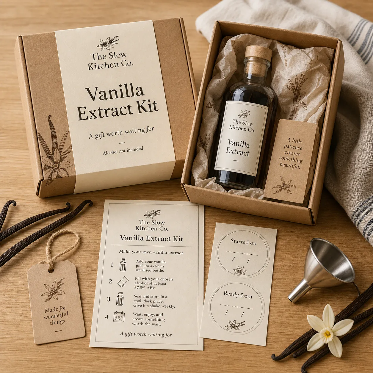 The Slow Kitchen Co. vanilla extract kit with bottle, box, vanilla pods, cards, and funnel